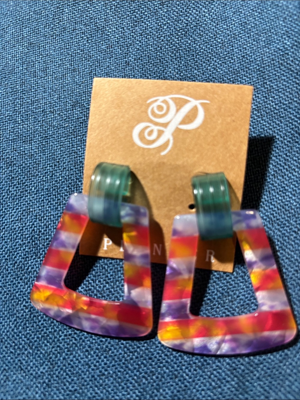 Plunder Multicolor Striped Resin Triangle Drop Earrings with Teal Tops